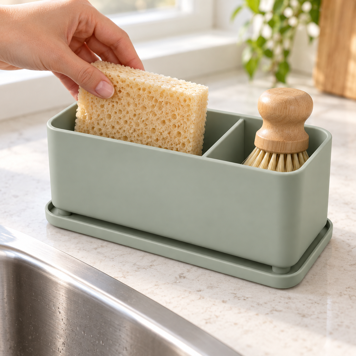 Nestaviar Sage Green 2-Compartment Sink Caddy with Tray
