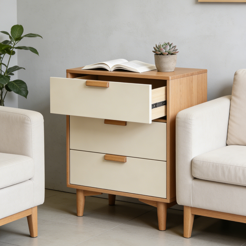 Oak & Cream 3-Drawer Nightstand - Modern Bedside Table with Wooden Handles